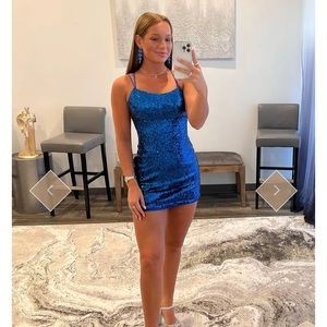 Halter Royal Blue Sequins Mesh Short Homecoming Dress